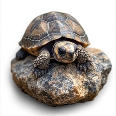 Fototapeta premium A tortoise resting on a rock, showcasing its textured shell and calm demeanor.