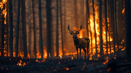Deer on background Burnt forest, forest fire, climate change concept. Danger of forest fires for wild animals.