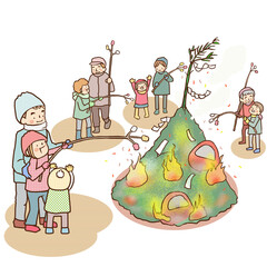どんど焼きをする地域の人々