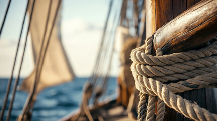 Obraz premium Close up of ropes tying sails to wooden beam on sailboat navigating ocean with blurred background
