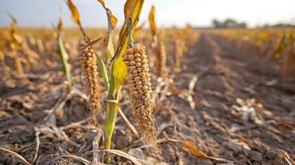 Dried crops close up over a cracked dry land, food crisis concept.