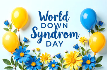 Balloons and Flowers. World Down Syndrome Day. Yellow and blue balloons with matching flowers on a light blue background celebrate World Down Syndrome Day.