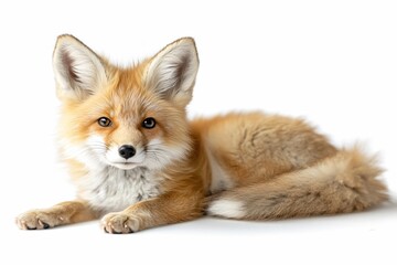 Obraz premium Adorable Red Fox Kit Lying Down White Background Studio Shot