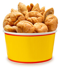Deep fried fish balls in paper bucket isolated on white background, Deep fried fish balls on white With work path.