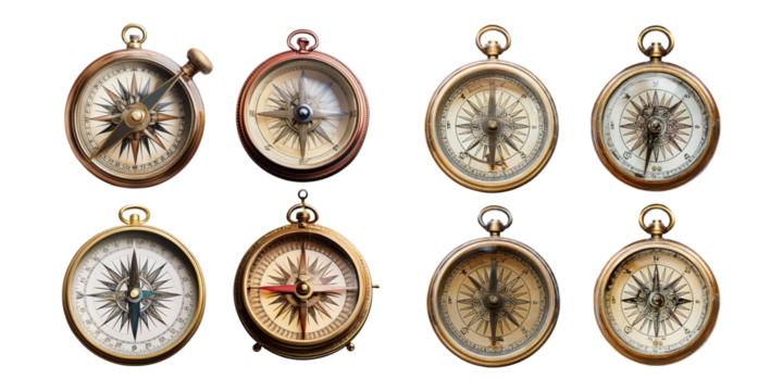 Vintage Compasses Collection for Navigation Themes, PNG set collection, isolated on transparent background