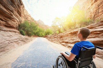 Traveler in a wheelchair enjoys the breathtaking views on an accessible national park trail under bright blue skies