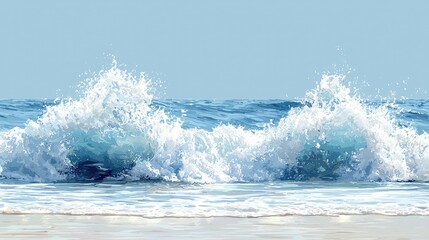 Obraz premium Majestic Ocean Waves Crashing on the Beach: A Stunning Seascape of Blue Water, White Foam, and Sunny Sky