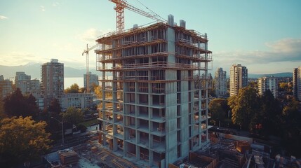 Construction site with high-rise building under crane during sunset