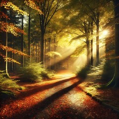 Obraz premium A tranquil forest path with golden sunlight filtering through autumn leaves, the ground covered in a soft carpet of fallen leaves.ai generative