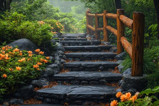 Serene garden pathway adorned with vibrant flowers and rustic wooden fence in a misty environment