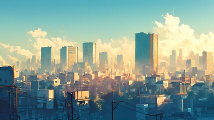 Grunge city skyline in anime style, evoking a cool urban atmosphere