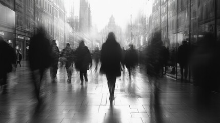 Silhouettes of people walking in dark foggy street