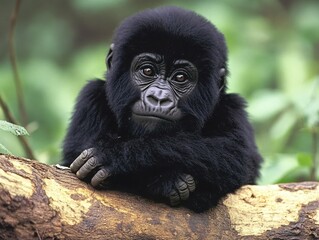 Obraz premium Adorable Mountain Gorilla Baby Resting on Branch in Lush Forest Habitat