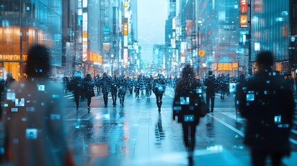 A photo of people using holographic devices in a bustling urban environment. 
