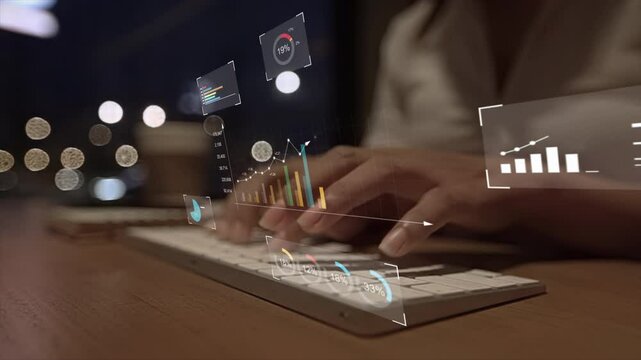 Businesswoman analyzing company financial balance sheet working with digital virtual graphics Businesswoman calculating financial data for long term investment growth goals.