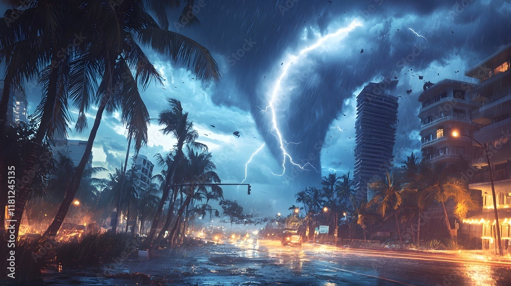 Wall mural Hurricane also called tornado or typhoon with lightnings and twister in the storm on a city street with palms. Natural disasters in towns caused by the climate change.