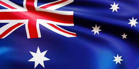 Australian flag. Realistic wavy national flag of Australia closeup. Background for celebrating patriotic holidays. 3d vector illustration