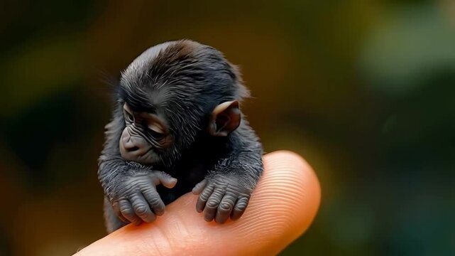 Cute miniature monkey on a hand looking with kind and affectionate eyes