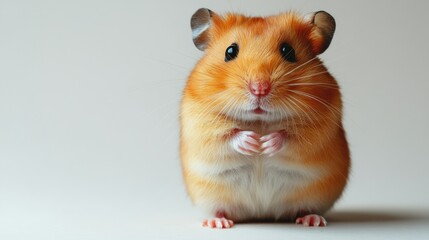 A cute, fluffy hamster standing upright, looking curiously at the viewer.