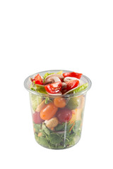 Plastic transparent fresh containers with salad on a glass table on white png isolated background