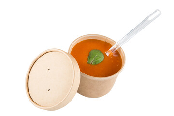 tomato juice soup gazpacho on a carton box take away isolated on white png background transparent
