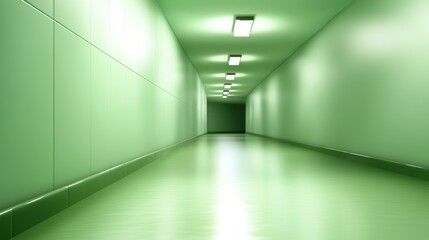 Long green corridor with fluorescent lighting and reflective floor