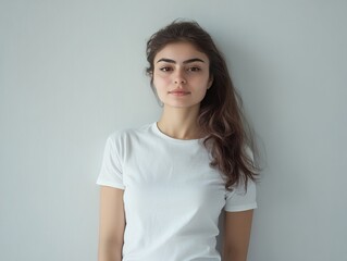 Obraz premium Minimalist portrait of a 19-year-old woman, head to hip, simple composition, natural beauty, elegant pose, clean background, stylish dress, youthful appearance, art photography.