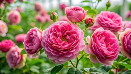 Fototapeta premium Freshly picked Damask rose heads closeup with delicate petals and intricate details in a lush green stem , rose photography, greenhouse