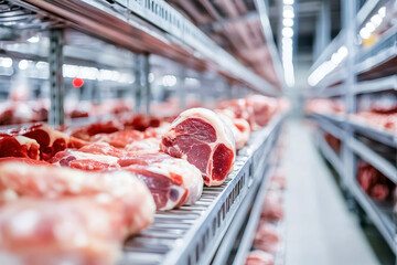 Freshly butchered pork and lamb parts displayed on metal shelves in a modern processing facility