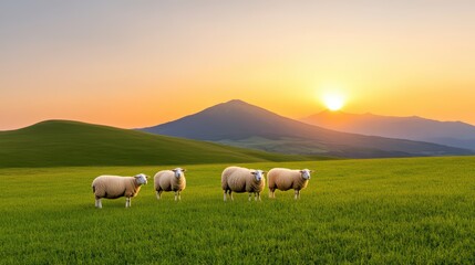 Obraz premium Peaceful sunset over lush green field with sheep and distant mountains
