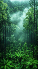 A misty forest landscape with towering pine trees, creating a mysterious and magical atmosphere as sunlight breaks through the fog.