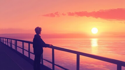 Fototapeta premium Teenage boy with hearing aid walks along a pier at sunrise gazing out over the calm sea with soft light