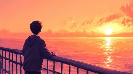 Teenage boy with hearing aid walks along a pier at sunrise hands resting on the railing gazing at the sea