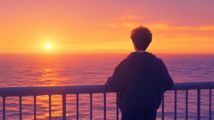 Boy with hearing aid walks on a pier at sunrise gazing at the calm sea with soft orange hues ahead