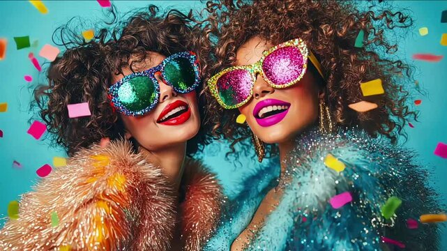 Two young women wearing fashionable sequin dresses and black sunglasses, festive atmosphere, taking a selfie at a New Year's Eve party