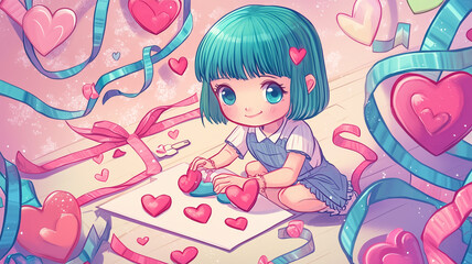 バレンタインブックマークを作る緑髪の女の子のチビキャライラスト