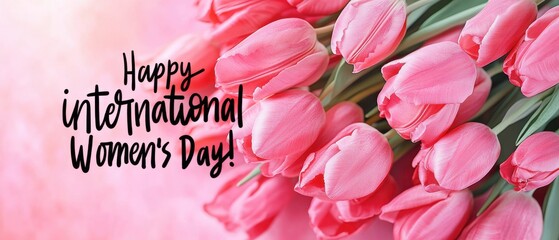 Happy International Womens Day Pink Tulips Bouquet Stock Photo