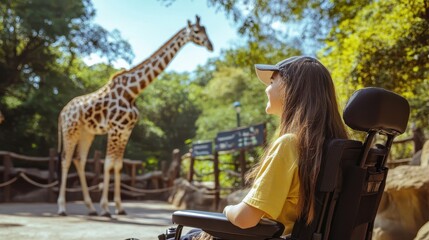A girl with muscular dystrophy in a wheelchair at the zoo watching giraffes in an exhibit