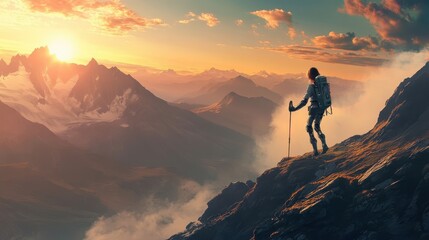 A teenage girl with a robotic arm walking confidently along a mountain ridge at dawn