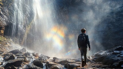 Obraz premium A teenage boy with a hearing aid walking by a waterfall mist creating rainbows nearby
