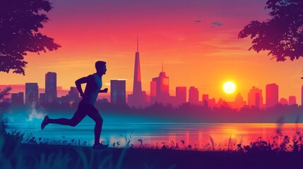Illustration of a runner moving in the morning With a view of the city skyline as the backdrop. and the sunrise in the distance It shows energy and vitality.
