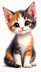 Adorable calico kitten with large expressive eyes sitting sweetly against a white background
