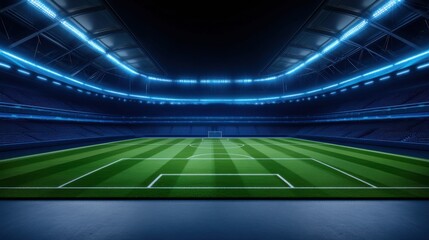 Futuristic Soccer Stadium Interior with Blue Neon Lights and Perfectly Manicured Grass Field