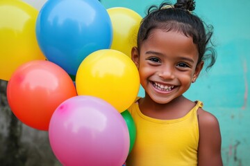 Obraz premium Joyful Child Holding Colorful Balloons in Celebration