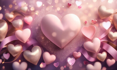 Obraz premium Valentine's Day background with various pink, white, and rose-gold glitter hearts, satin ribbon, and glowing bokeh lights, creating a romantic, soft, and festive atmosphere for love-themed designs.