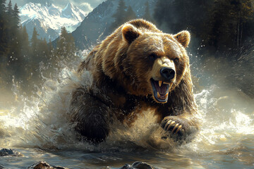 Obraz premium A thrilling action shot of a grizzly bear leaping to catch a salmon, emphasizing its strength, agility, and hunting prowess in a river setting surrounded by wilderness.