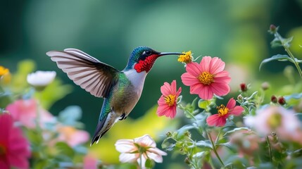 A hummingbird hovering near vibrant flowers, showcasing nature's beauty and pollination.
