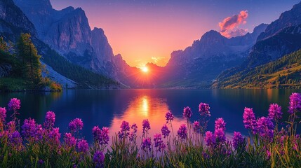 Majestic Sunrise over the Mountains and Lake: A Breathtaking Landscape Photography