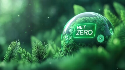 Net zero sustainability goals concept. A green globe with "NET ZERO" displayed, surrounded by lush foliage, symbolizing sustainability and environmental commitment.