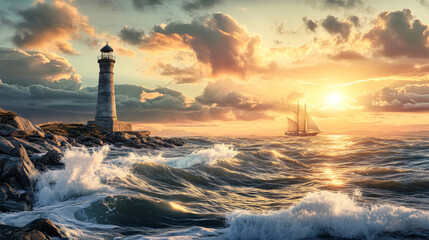 Sunset over the harbor with a lighthouse and fishing schooner amidst crashing waves